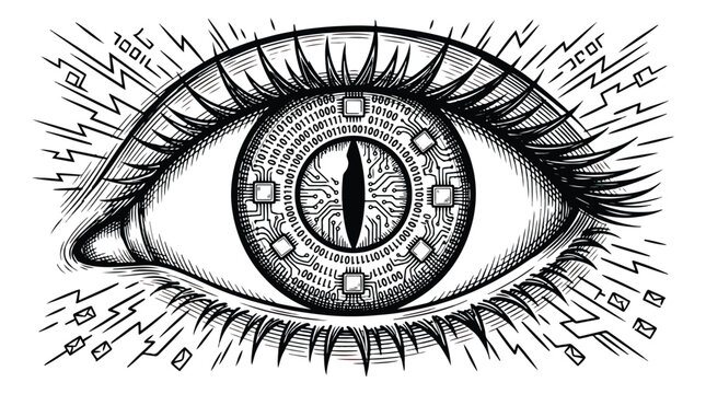 Cybernetic digital eye with circuit board iris and binary code, futuristic bionic eyeball vector, surveillance and artificial intelligence concept
