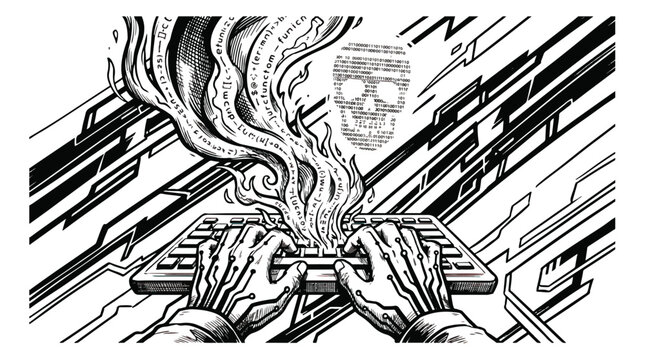 Cybersecurity hacker concept vector, hands typing on burning keyboard with skull and binary code, digital data breach and malware attack illustration