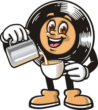 Cartoon mascot of vinyl record being a barista