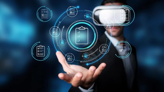 Professional in Virtual Reality Headset Engaging with Digital Task Management Icons and Interfaces in an Innovative Technology Environment. Entropy.