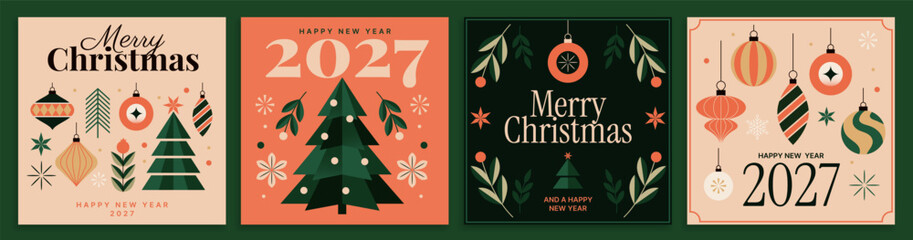 Fototapeta premium Vector set of retro Christmas and New Year 2027 posters with festive tree, ornaments, baubles, holly branches and holiday typography for greeting cards and winter celebration