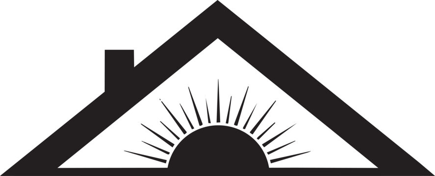 Minimalist house roof logo with rising sun, black silhouette home exterior icon, real estate and solar energy vector graphic