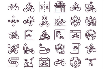 Fototapeta premium Collection of 30 black line icons depicting cycling-related symbols and signs for urban mobility and transportation design