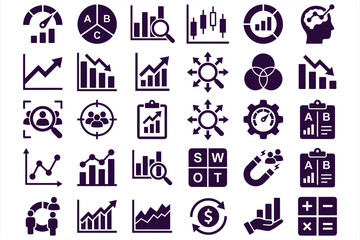 Fototapeta premium Collection of 24 modern business and finance vector icons set featuring growth charts analytics SWOT strategy and teamwork concepts in monochrome style