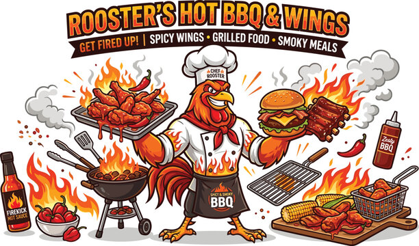 PrintRooster mascot chef logo vector badge for spicy hot barbecue restaurant wings burger ribs grilled food menu design