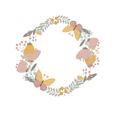 Naklejka premium Aesthetic boho wildflower and butterfly wreath. Hand drawn round botanical frame with pastel flowers and moths.