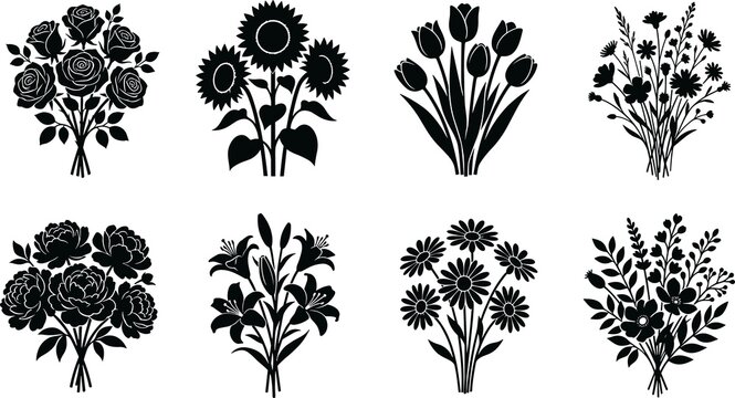 Flower bouquet silhouettes collection featuring roses, sunflowers, tulips, wildflowers, peonies, lilies, and daisies