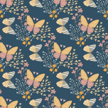 Vintage floral and butterfly seamless pattern preview. Elegant navy blue texture with whimsical moths and wildflowers for kids apparel and textile.