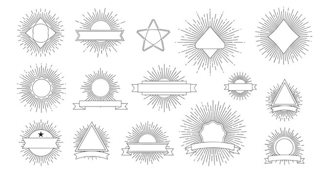 Extensive set of thin black line sunburst frames and badges in various geometric shapes like circles banners and diamonds.