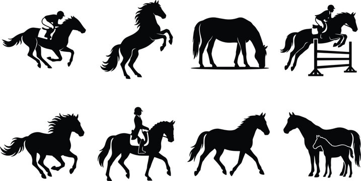 Horse silhouettes collection featuring galloping, rearing, grazing, jumping, trotting, walking, and mare with foal