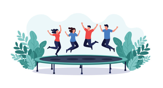 Group of happy young people jumping high on a large round trampoline surrounded by green plants in a beautiful garden.