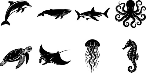 Obraz premium Marine animal silhouettes collection featuring dolphin, whale, shark, octopus, sea turtle, manta ray, jellyfish, and seahorse
