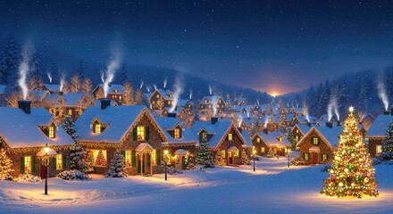 Fototapeta premium Panoramic view of a festive winter village at night with glowing windows, snowy roofs, twinkling holiday lights, and gentle falling flakes, traditional, quaint, magical