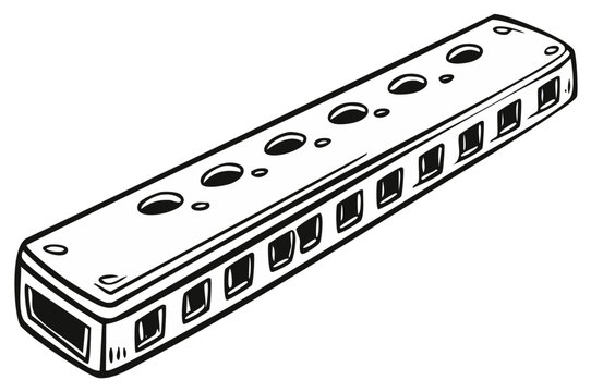 Illustrated harmonica musical instrument, black and white sketch.