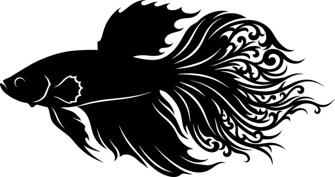 Ornamental Betta fish silhouette with decorative fins and tail artistic vector illustration for design and tattoo use