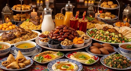 Obraz premium Abundant feast spread for Ramadan celebration featuring dates lamb rice pastries drinks.