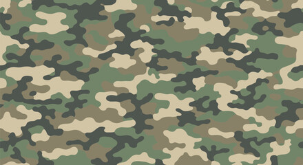 Fototapeta premium Seamless military camouflage pattern using shades of green brown tan and black for tactical clothing and outdoor gear textures.