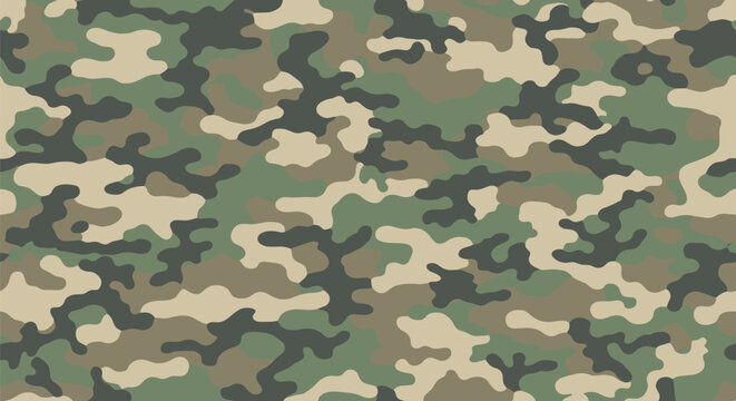 Seamless military camouflage pattern using shades of green brown tan and black for tactical clothing and outdoor gear textures.