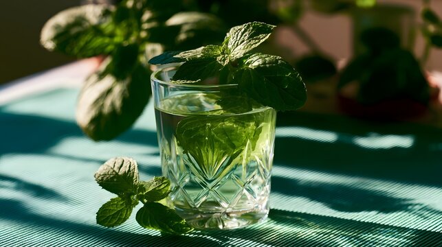 A refreshing glass of water with mint leaves illuminated by bright sunlight showcasing intricate patterns