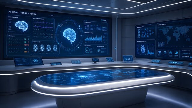Futuristic AI healthcare command center room with brain scan neurology monitors and interactive map table