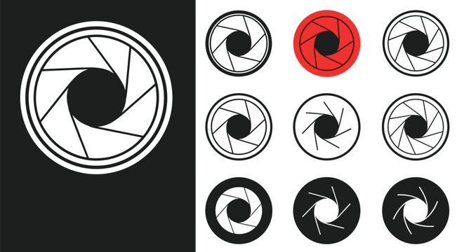 Collection of camera aperture and lens shutter icons in various styles and colors for photography and digital media design projects.