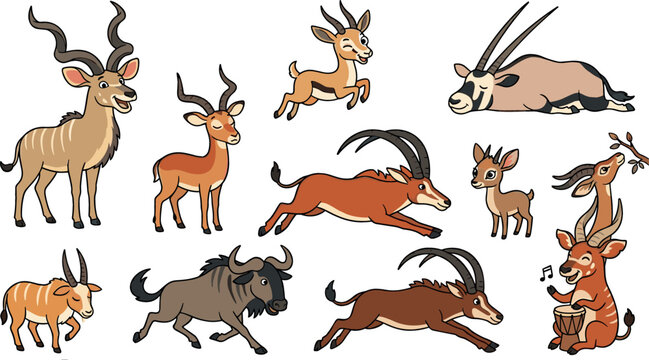 Cute cartoon African antelope character set featuring kudu gazelle oryx wildebeest sable wild animals isolated on white background vector illustration