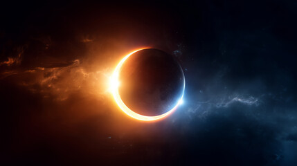 Fototapeta premium Dark cinematic astronomy scene showing a moon crossing in front of the sun, glowing orange corona bursting from one side, silver-blue rim light on the opposite edge, deep black spa