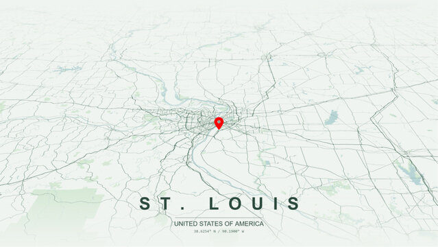 Modern minimalist vector map of St. Louis, Missouri, USA. High-quality scalable illustration of St. Louis city grid, Mississippi River waterfront for posters design.