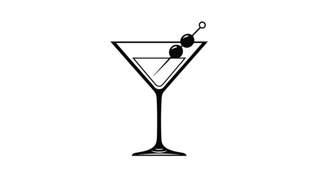 Simple black and white line art illustration of a martini cocktail glass garnished with two olives on a toothpick in a minimalist style.
