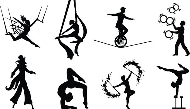 Circus and acrobat performance black vector silhouette icons set featuring trapeze aerialist juggler and fire dancer