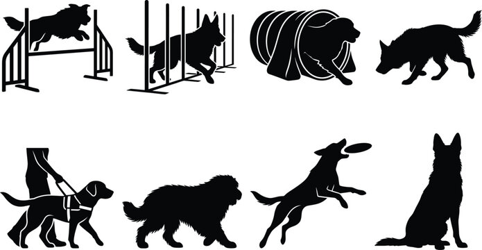 Dog agility training and working helper dogs black silhouette icons set isolated on white background
