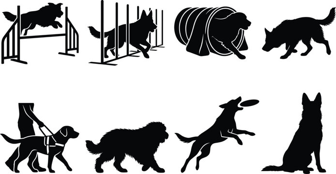 Dog training and agility black vector silhouette icons set with jumping hurdle tunnel and service dog