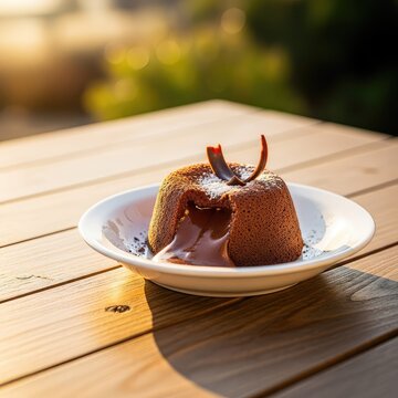 Ein hausgemachtes Schokoladendessert auf einem Holztisch im Freien, von goldenem Sonnenlicht durchflutet, das die feine Cremigkeit hervorhebt, dish, texture, light
