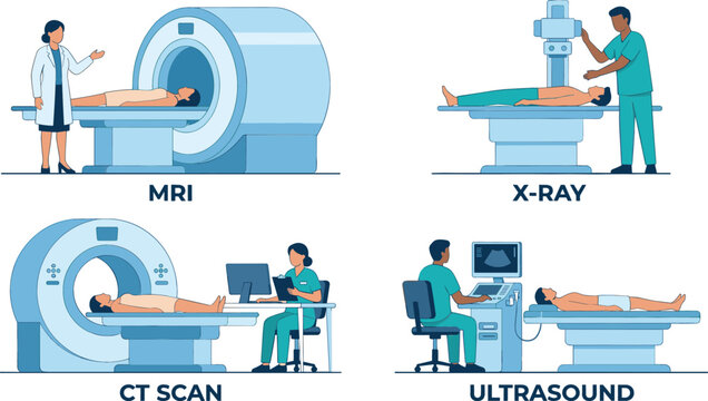 Medical Diagnostic Imaging Vector Illustration Set Featuring MRI X Ray CT Scan and Ultrasound Hospital Equipment with Doctors and Patients
