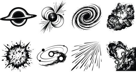 Space phenomena and deep cosmic astronomy black graphic elements set isolated on a white background © MdMenhajul