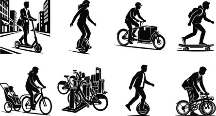 Urban micromobility and eco friendly city transportation vector silhouette icons set for modern lifestyle design © MdMenhajul