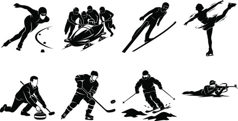 Winter sports black vector silhouette icons set featuring ice hockey figure skating bobsled skiing and curling © MdMenhajul