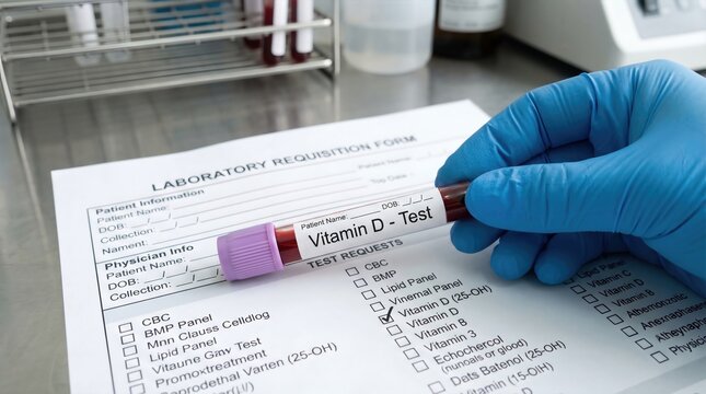 Laboratory requisition form with a hand holding a blood sample tube labeled Vitamin D Test, medical equipment and supplies visible in the background