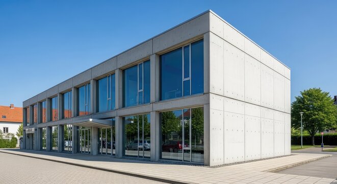 Symmetrical concrete structure with large glass windows highlighting functionalist mid-century design and minimalist urban aesthetic style, brutalism, facade, corner