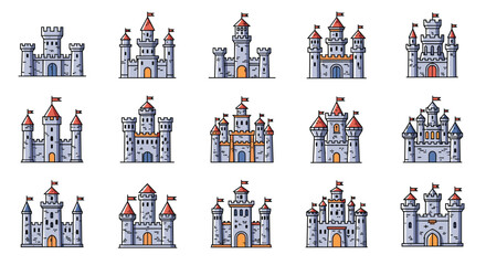 Fototapeta premium Set of pixel art medieval castle icons with stone walls and colorful flags for retro game interface design.