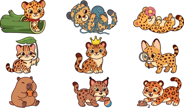 Cute cartoon baby wild cat character set featuring leopard jaguar cubs lynx serval capybara playing sleeping isolated on white background vector illustration