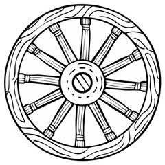 Obraz premium Black and white illustration of a wooden wagon wheel, hand-drawn style