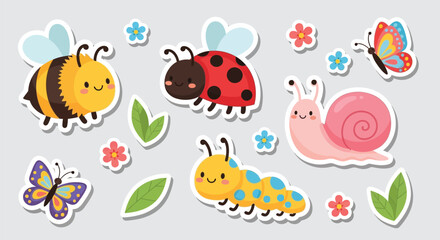 Fototapeta premium Colorful cartoon garden bugs and butterflies set