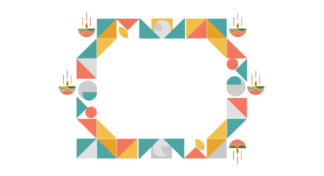 Colorful Geometric Border for Diwali Festival Celebration with Traditional Oil Lamps and Abstract Shapes