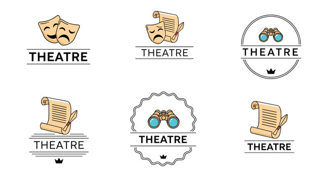 Set of theatre performance logos featuring drama masks, binoculars, and old scrolls with feather quill pens.