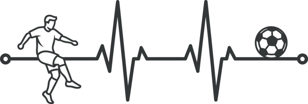 Soccer player kicking ball on an ekg heartbeat line isolated on transparent background