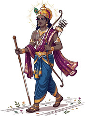 Obraz premium Lord Rama walking with bow and arrows during daylight with halo and peacock feather detailed Indian mythology vector illustration