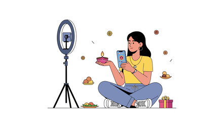Fototapeta premium Creative Content Creation Woman Filming a Festive Diya for Social Media with Smartphone and Ring Light