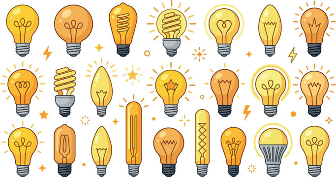 Light Bulb Icon Set with Glowing Yellow Edison Bulbs, LED Lamps, and Energy Saving Halogen Lighting Symbols for Ideas and Creative Design