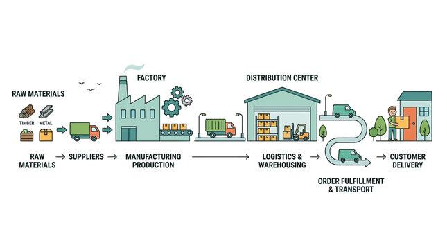 Industrial Supply Chain Management Process Infographic from Raw Materials to Customer Delivery